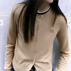 Mo&co tan brown wool cashmere Crewneck logo cardigan m